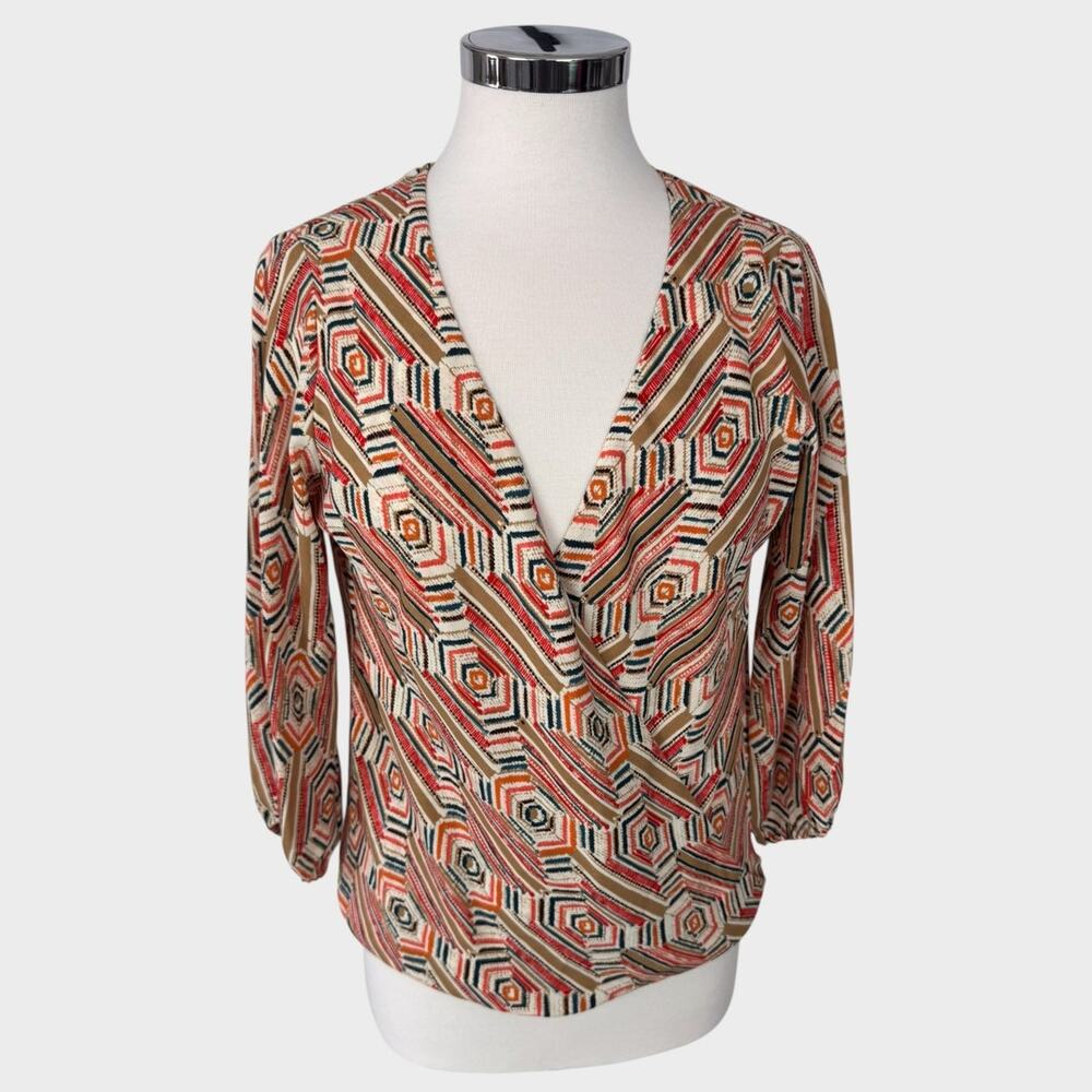 Veronica M Womens XS Wrap 3/4 Top Orange Brown Print 100% Polyester